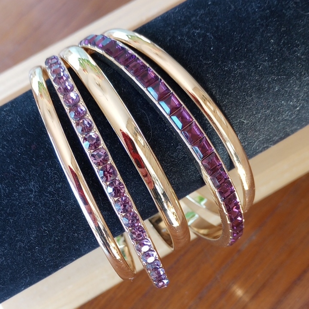 Elegant Gold and Purple Crystal Bangle Set